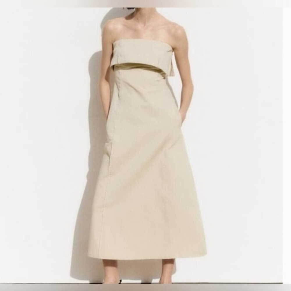 Zara Cream Strapless Sheath Dress COTTON MIDI OFF SHOULDER Gabardine medium - Picture 6 of 10